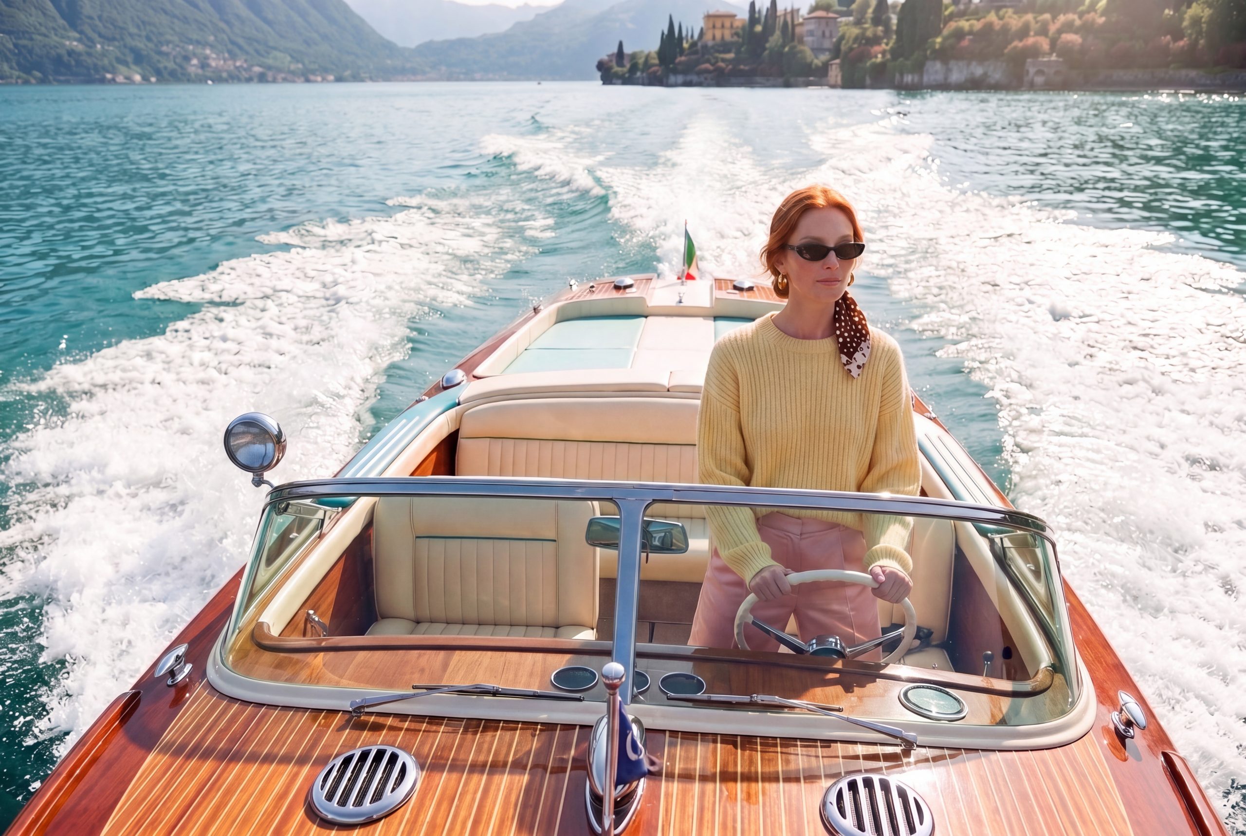 Elisabeth al timone di un motoscafo d’epoca in mogano sul Lago di Como
