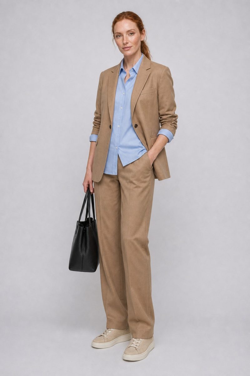 Elisabeth a figura intera in blazer e pantaloni cammello, camicia azzurra, borsa nera