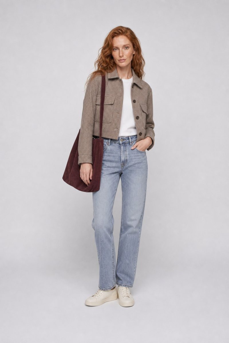 Elisabeth a figura intera in giacca corta tortora, t-shirt bianca e jeans chiari