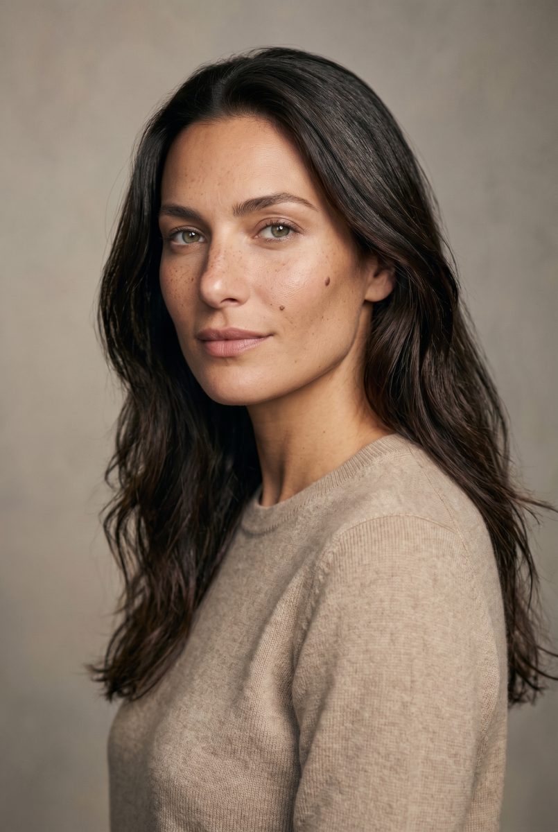 Meredith, candidata del cast: ritratto di tre quarti, capelli castano scuro lunghi e mossi, lentiggini e un neo sullo zigomo, maglia color sabbia, fondo grigio caldo