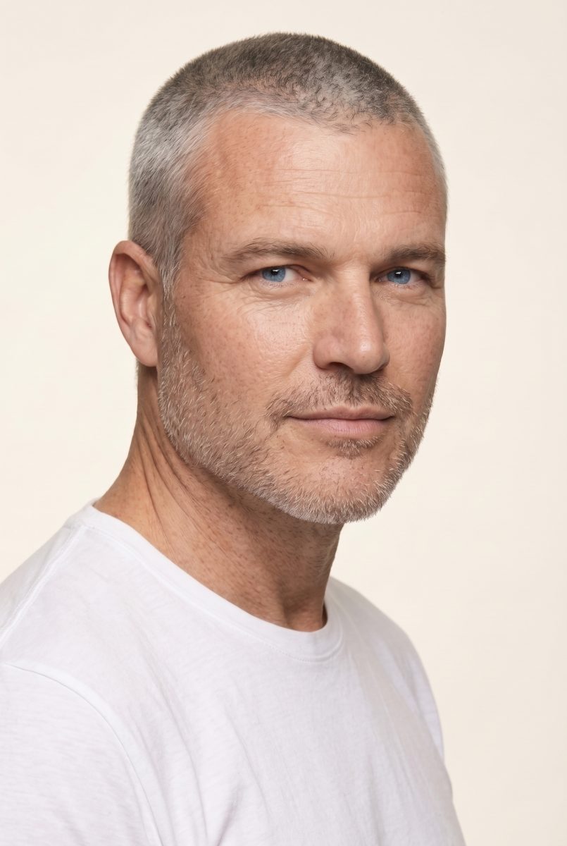 Brad, candidato del cast: ritratto, capelli grigi cortissimi, barba corta sale e pepe, t-shirt bianca, fondo chiaro