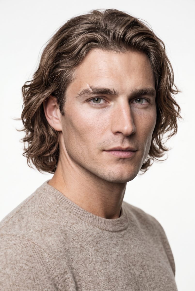 Marc, candidato del cast: ritratto, capelli castani mossi alle spalle, maglia girocollo beige, fondo chiaro