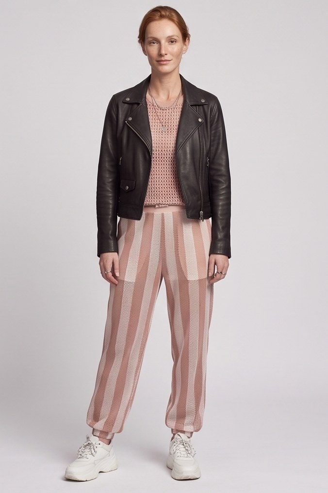 Elisabeth a figura intera in chiodo di pelle nera, maglia rosa e pantaloni a righe