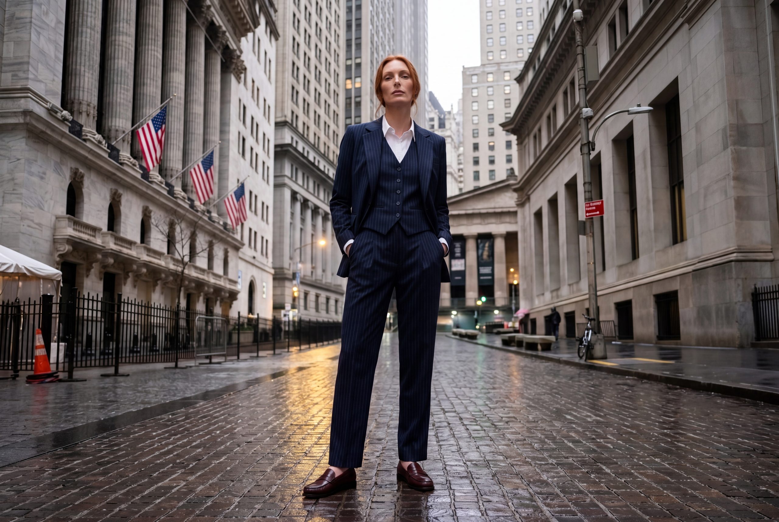 Elisabeth in completo gessato in mezzo a una strada di New York bagnata